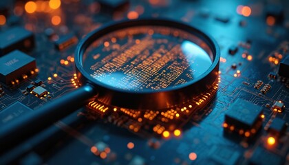 Magnifying glass over circuit board analyzes cyber security. Digital data, encryption, protection strategy, risk assessment, vulnerability analysis, IT security, network management.