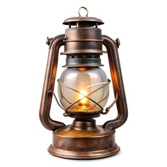 old oil lamp lantern with glowing light inside isolated.