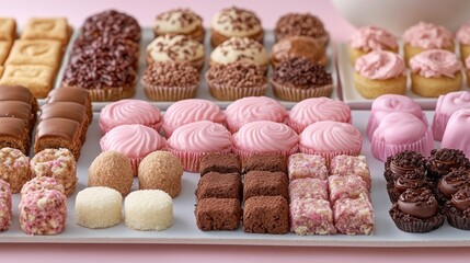 Assorted colorful gourmet treats on a white platter.  A variety of small cakes, cupcakes, cookies, candies and chocolates arranged neatly in rows and columns.  