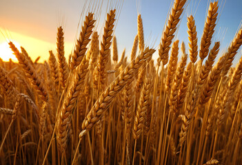 Fototapeta premium A close-up shot of ripe, golden wheat ears, heavy with grain, as they stand tall against a fading sunset.