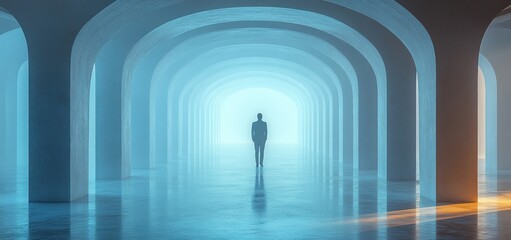 Obraz premium Solitary Figure in a Surreal, Light-Filled Archway