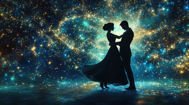 A romantic silhouette of a couple dancing against a cosmic background filled with shimmering stars and vibrant colors. The scene conveys a sense of intimacy and wonder, highlighting the beauty of love