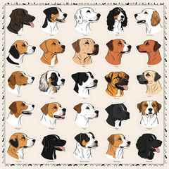 Obraz premium Variety of Dogs,Popular Dog Breeds,Cute and smile dog heads doodle vector set. Comic happy dog faces character design of corgi, beagle and Cute facial expression icon of the dog.