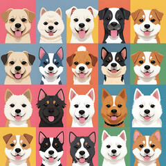 Fototapeta premium Variety of Dogs,Popular Dog Breeds,Cute and smile dog heads doodle vector set. Comic happy dog faces character design of corgi, beagle and Cute facial expression icon of the dog.