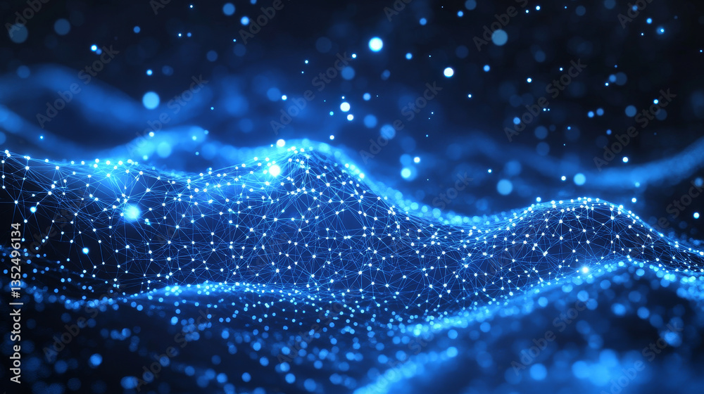 Poster digital abstract background blue wave flow line and dots connect, background 3d rendering