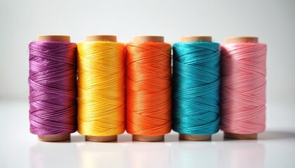 Colorful thread spools aligned. Bright, vibrant colors on white background. Craft, sewing, embroidery concept. Textile industry, haberdashery supply. Hobby, art, needlecraft, textile, material