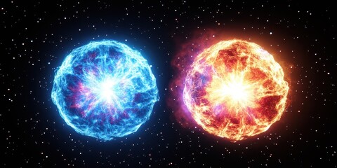 Obraz premium Two luminous spheres float in a starlit dark vast cosmic space