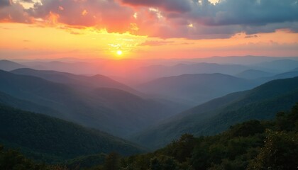 Fototapeta premium Picturesque sunset view Blue Ridge Mountains. Appalachian mountain range scenic landscape. Orange sun over mountain peaks, ridges silhouettes. Serene nature outdoor travel destination. Blue sky with