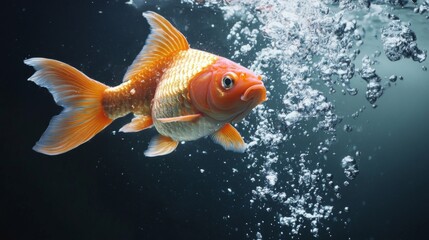 Orange Goldfish Swimming Underwater with Bubbles