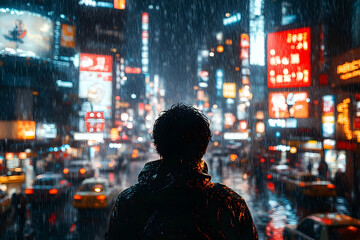 Fototapeta premium A person gazes at a vibrant, rainy cityscape illuminated by neon lights in a bustling urban environment