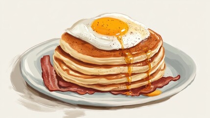 A classic American breakfast with pancakes, bacon, and eggs.