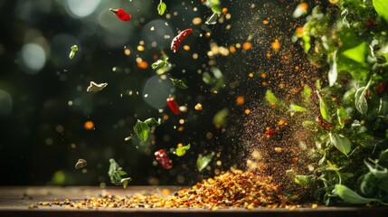 Vibrant Spices and Herbs Flying Over Wooden Table