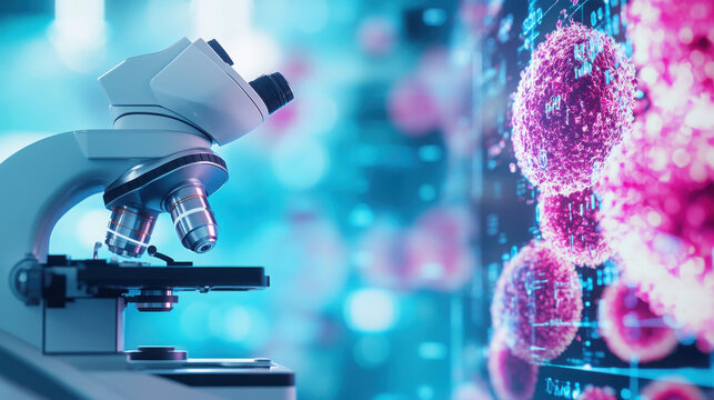 Futuristic robotic microscope analyzing biological samples with digital precision in a high-tech laboratory