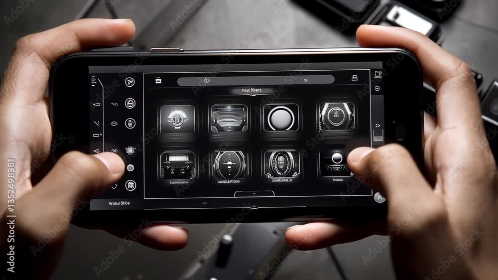 Poster touchscreen interface displayed on smartphone in modern workspace generative ai