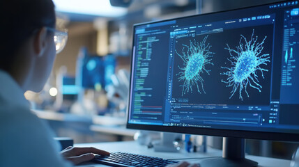 Close up of bacteriophage model in scientific research and computer analysis