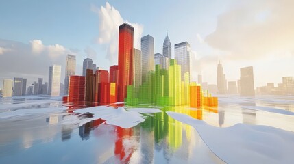 Naklejka premium A colorful modern cityscape stands on ice and reflects in water