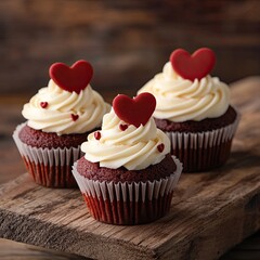 A trio of exquisitely crafted red velvet cupcakes with heart-shaped garnishes and lavish creamy frosting on a rustic wooden tabletop. 