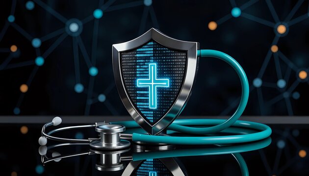 Stylized medical shield and stethoscope - cutting-edge healthcare cybersecurity