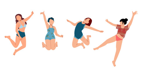 woman  jumping excitedly wearing a swimsuit. 