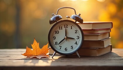Classic alarm clock indicates end of daylight saving time. Orange maple leaf rests on wooden table near stack books. Autumn season time change concept. Fall season, winter time.