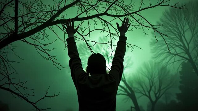  Silhouette of a person with outstretched arms under a green moonlit sky