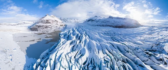 Selbstklebende Fototapeten Gletscher Breathtaking view of Skaftafellsjokull glacier tongue and volcanic mountains around on South Iceland. Location Skaftafell National Park, Skaftafellsjokull glacier, Iceland, Europe. Sunny day in winter  © Michal