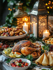 Festive dinner with roasted turkey and side dishes on a table