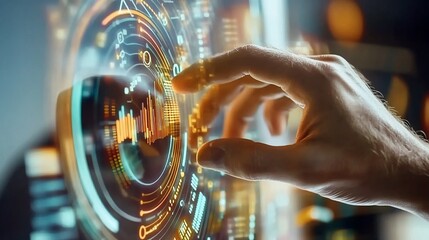 Hand interacts with futuristic data dashboard, city background