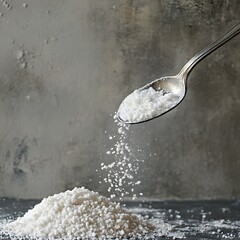 Metal spoon pouring sugar onto a pile