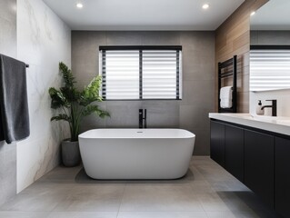 Interior of a bathroom showcasing sleek design elements, clean lines, and minimalistic decor that elevate the spacea??s functionality and .