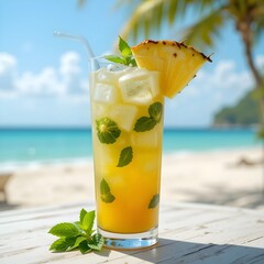 A refreshing tropical juice blend in a tall glass with ice cubes, garnished with a slice of pineapple and mint leaves, set on a beachside table, mojito cocktail on the beach
