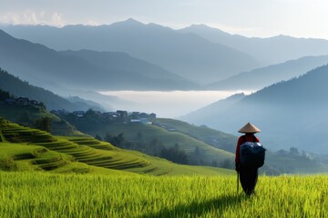 Fototapeta premium Strolling through vibrant rice terraces at dawn with mist rising over distant mountains Generative AI