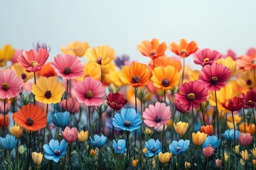 Obraz premium A vibrant field of colorful flowers blooming under a clear sky, showcasing nature's beauty and the joy of spring blossoming.