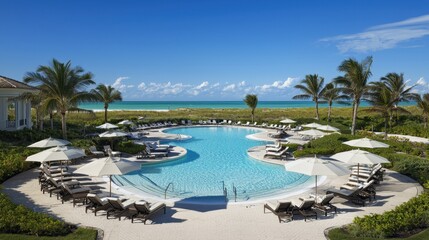 Luxurious tropical resort pool with sun loungers and beach view on a sunny day
