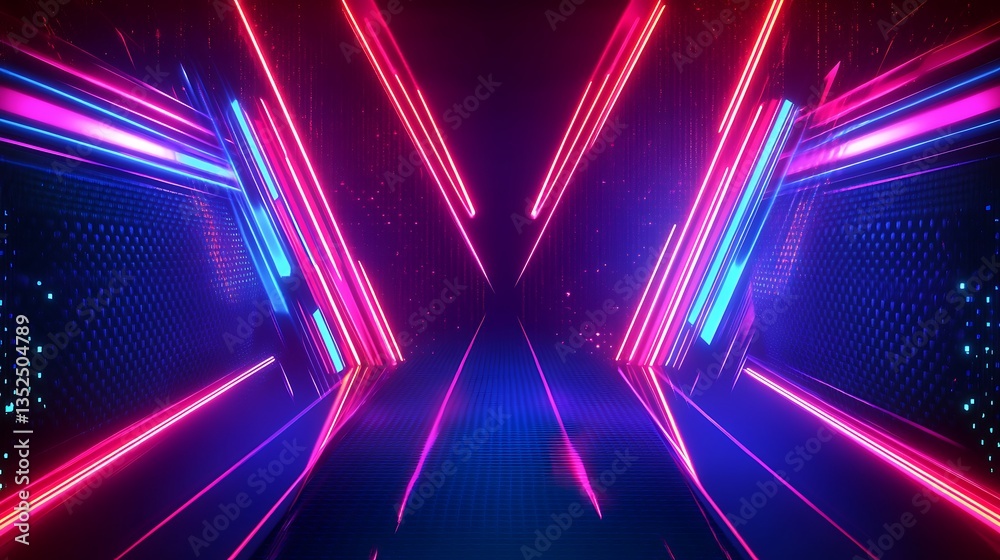 Poster Abstract Futuristic Neon Lights Corridor with Pink and Blue Glowing Lines and Grid Pattern