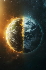 Fototapeta premium Earth split between fiery and icy halves in cosmic space