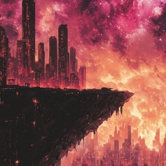A futuristic cityscape is set against a fiery and cosmic sky