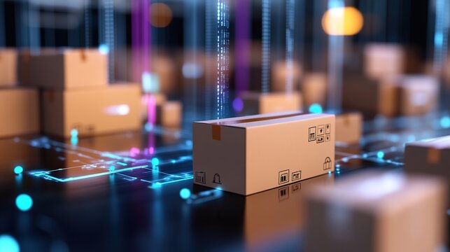 Digital warehouse scene with cardboard boxes and glowing data streams