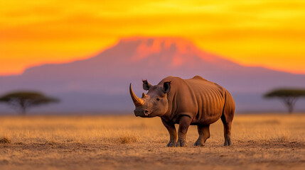 Fototapeta premium Rhino sunrise savanna Africa wildlife sunset mountain