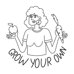Woman Holding Apple and Carrot with Grow Your Own Message. Organic Gardening and Healthy Eating Concept in Black and White Linear Illustration