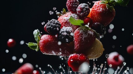 Red Berries and Cherries Splashing in Dark Background