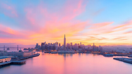 Fototapeta premium San Francisco sunrise cityscape, harbor view, pastel sky, calm water, travel postcard