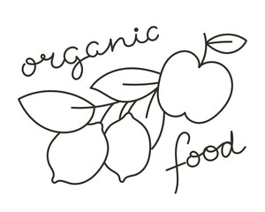 Black and White Linear Illustration. Branch with Lemons and Red Apple, Organic Food Concept