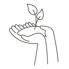 Hands Holding Soil with Growing Seedling in Black and White Linear Illustration