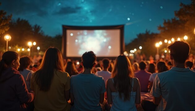 Families enjoy outdoor movie night under starry sky. Diverse people watch film on large screen. People sitting, relaxing, fun, community bonding, leisure time at cinema. Event with crowd watching