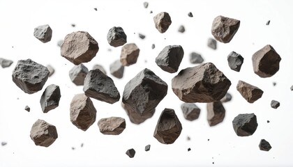 Broken rocks flying in air on white background. Debris, dust, flying sand, overlay, isolated stone texture, closeup, explosion, motion, powder. Abstract, splatter, action, particle splash.