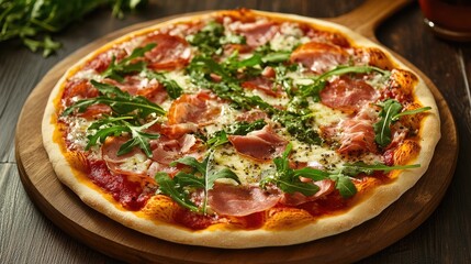 A gourmet pizza with arugula, prosciutto, and parmesan, fresh out of the oven on a wooden board.