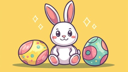 Cute bunny sitting between colorful Easter eggs with a bright yellow background and sparkling accents
