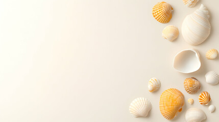 Fototapeta premium Seashells arranged on beige background, summer vacation concept, website banner