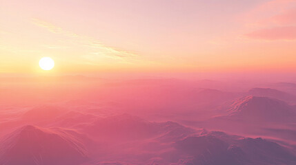 Obraz premium Serene sunset over misty mountain landscape, showcasing vibrant colors and tranquil atmosphere